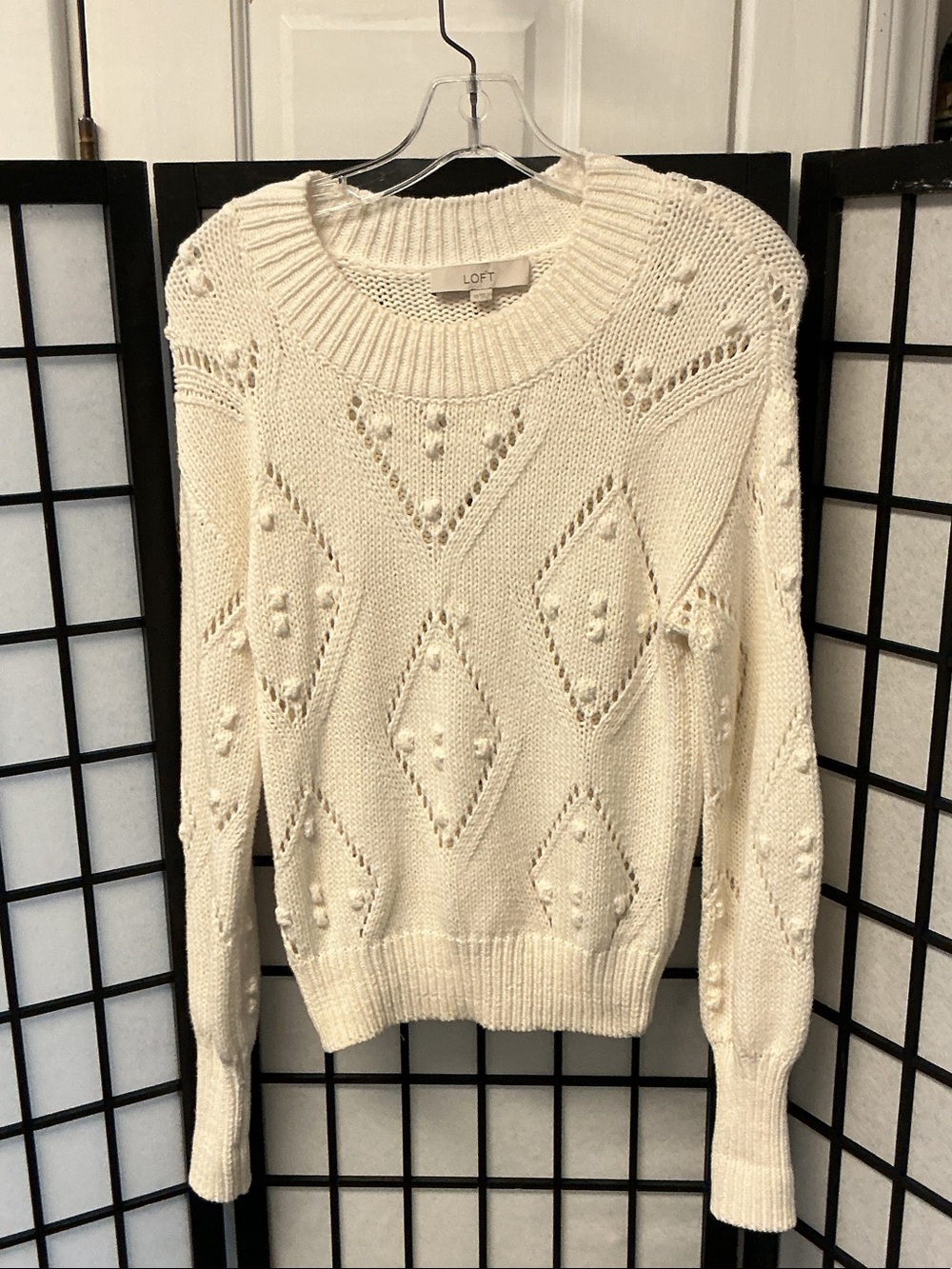 LOFT Cream Diamond Pointelle Crewneck Sweater